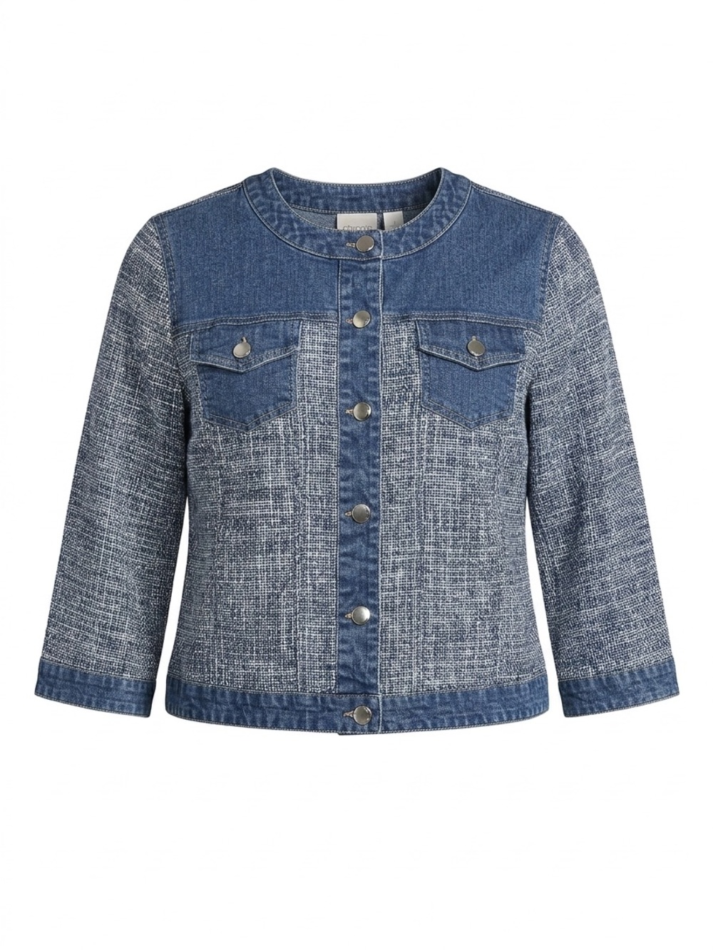 Chico’s Denim Tweed Mixed Media Jacket Blue Silver Button Size 1 M - Picture 2 of 11